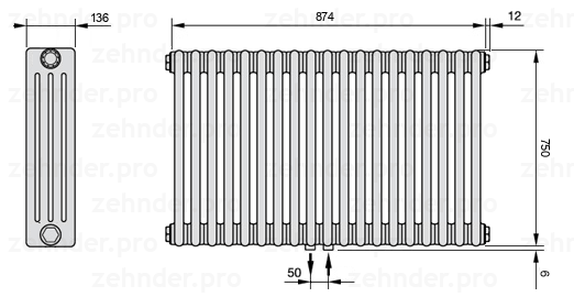 Схема (чертеж) Радиатор Zehnder Charleston 4075/19 №5410 Белый глянцевый RAL 9016